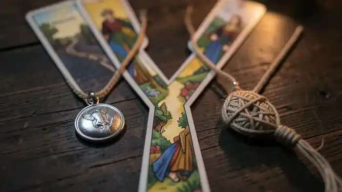 Расклад Таро «Развилка» на амулет: карты, выложенные в форме развилки пути, с двумя разными талисманами на столе.