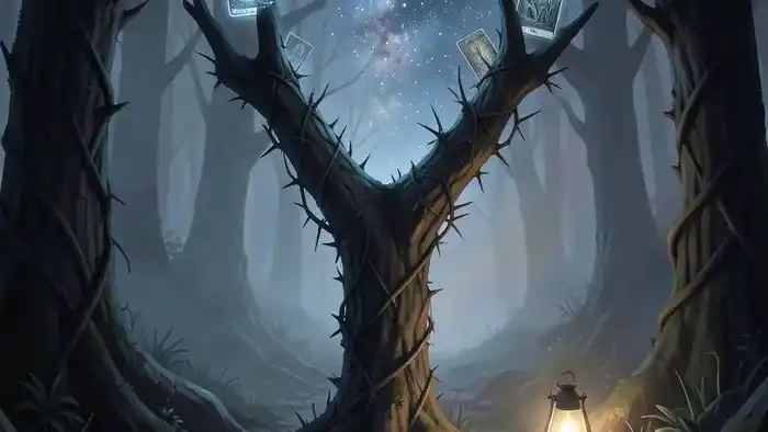 Расклад Таро Развилка на панические атаки — символическая развилка дорог в лесу, освещённая звёздами и картами Таро.