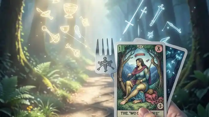 Расклад Таро Развилка на жизненный путь: символическая развилка дорог в лесу с картами Таро