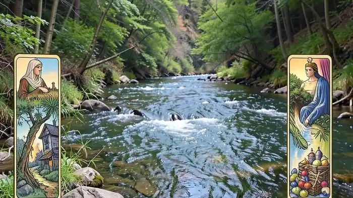 Расклад Таро "река жизни" на фриланс — схема из 8 позиций с картами, символизирующими профессиональный поток