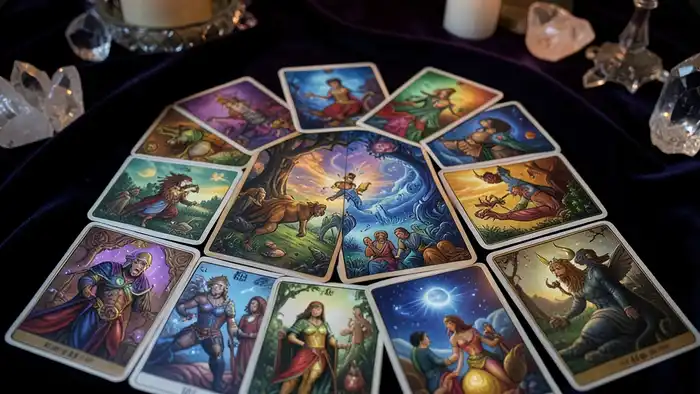 Расклад Таро "река жизни" на командную работу: схема из девяти карт, показывающая динамику коллектива