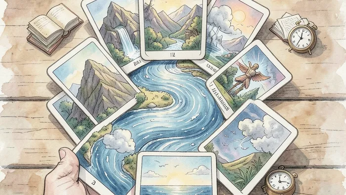 Расклад Таро Река жизни — семь карт, выложенных в форме извилистой реки на фоне карты образовательного пути.
