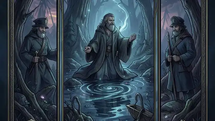 Расклад Таро «Река жизни» на полицию — иллюстрация с картами и рекой, символизирующая анализ ситуаций с правоохранительными органами