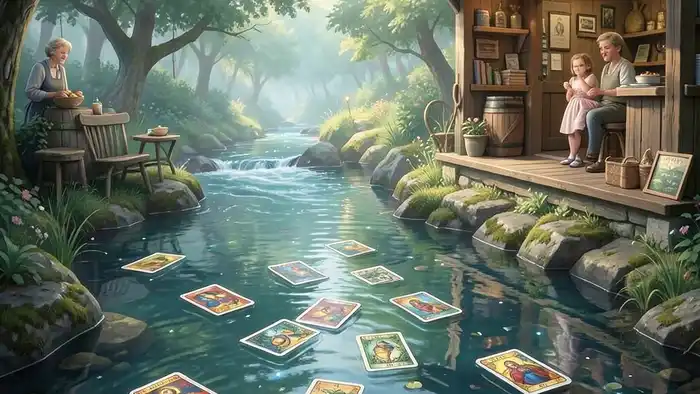 Расклад Таро «Река жизни» на семейный бизнес – изображение реки и карт Таро