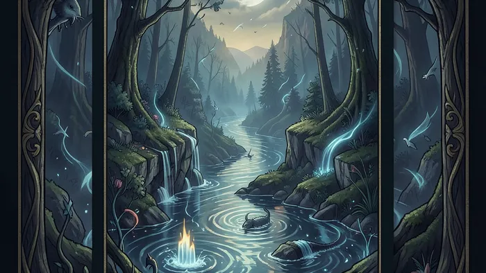 Расклад Таро Река жизни на свое дело — схематичное изображение реки с картами Таро вдоль ее течения