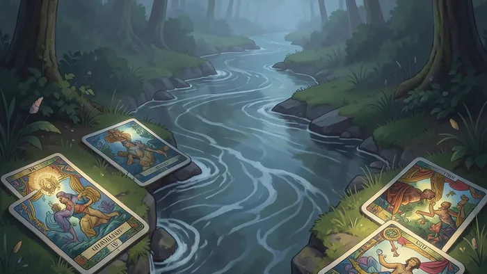 Расклад Таро Река жизни на уверенность в себе — схематичная иллюстрация с картами, разложенными вдоль извилистой реки в лесу.
