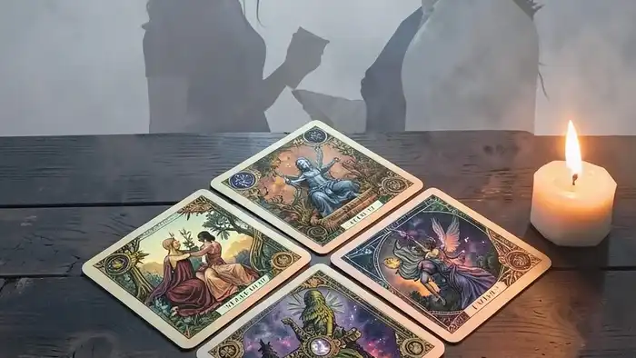 Расклад Таро "ромб" на гражданский брак — шесть карт, расположенные в форме ромба, с символами эмоций и страхов