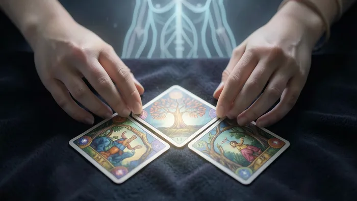 Расклад Таро Ромб на хроническую болезнь: руки раскладывают пять карт в форме ромба на тёмной ткани.