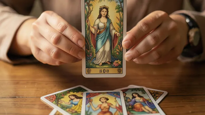 Расклад Таро Ромб на отношения с сыном: руки раскладывают карты в форме ромба на деревянном столе