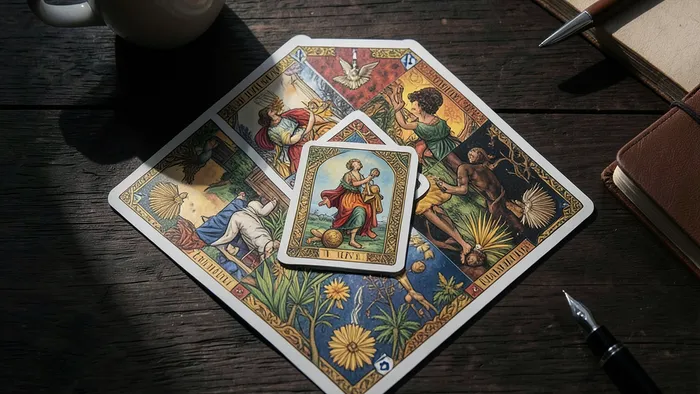Расклад Таро Ромб на следующий год: четыре карты по углам и одна в центре на деревянном столе