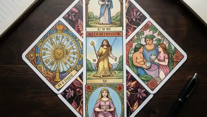 Расклад Таро Ромб на стажировку - схема из пяти карт колоды Уэйта, выложенных в форме алмаза на деревянном столе.