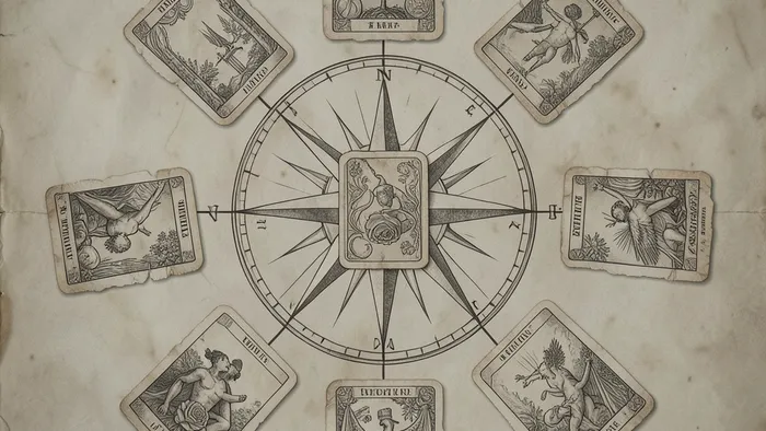 Расклад Таро Роза ветров: схематичное изображение на старой карте с картами на позициях сторон света.