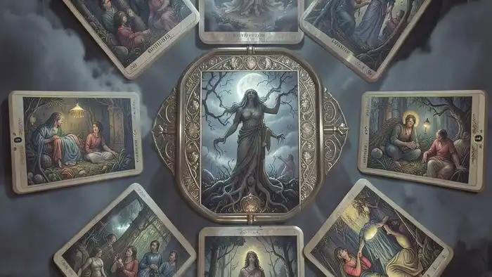 Расклад Таро "роза ветров" на бывшего — восемь позиций по компасу с картами Райдера-Уэйта, центр — карта Смерть