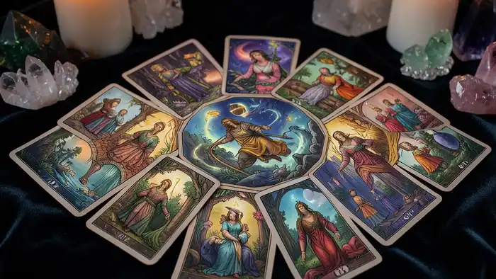 Расклад Таро "роза ветров" на декретный отпуск: восьмиконечная схема с картами, показывающими энергии матери