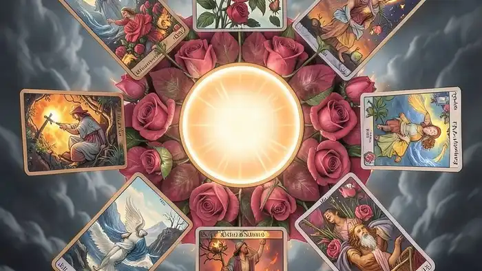 Расклад Таро "роза ветров" на компенсацию — восьмикарточный шаблон с центральной картой