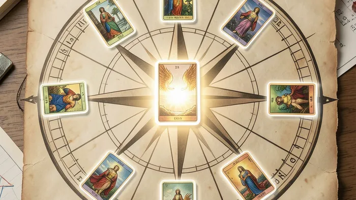 Расклад Таро Роза ветров на повышение: схема компаса с картами на каждой позиции