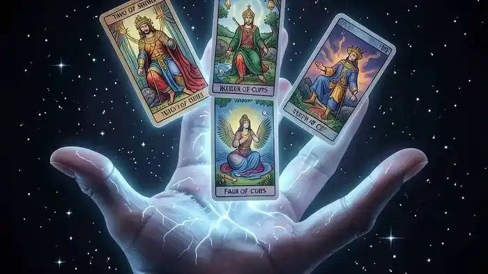 Расклад Таро Рука Судьбы на намерения мужчины: схематичное изображение руки и пяти карт