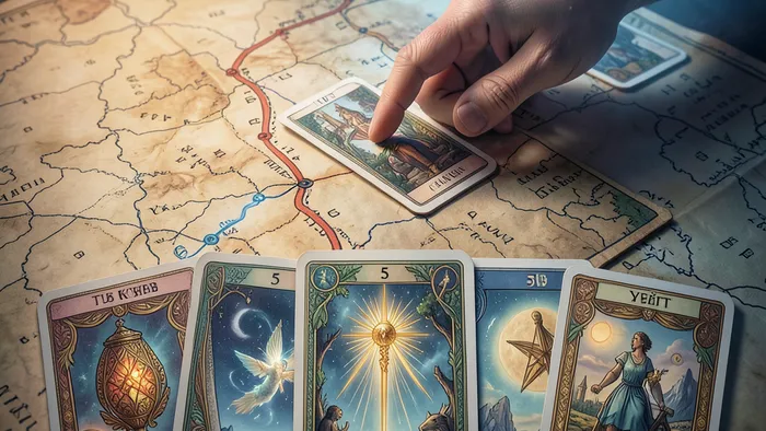 Расклад Таро «Рука судьбы» на поход: рука и карты на фоне карты с маршрутом путешествия
