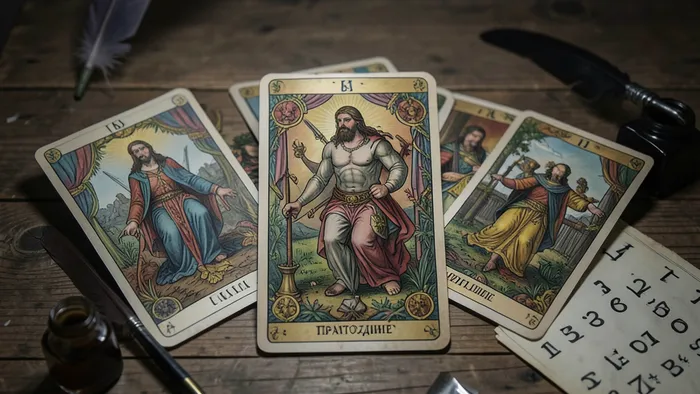 Расклад Таро Щит на алименты: пять карт, выложенных в форме защитного щита на столе