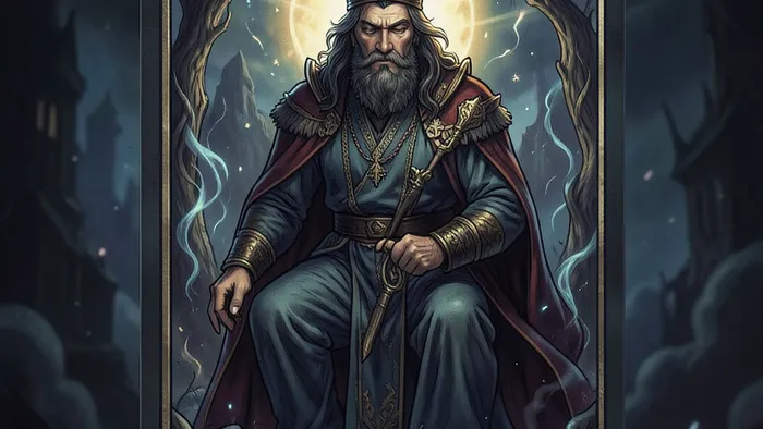 Расклад Таро «Щит» на истинные намерения мужчины — схема из семи карт на тёмном фоне с символическими изображениями