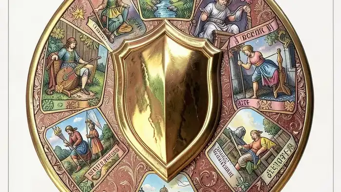 Расклад Таро "щит" на второй источник дохода — схема из семи позиций с символами возможностей, блокировок и ресурсов