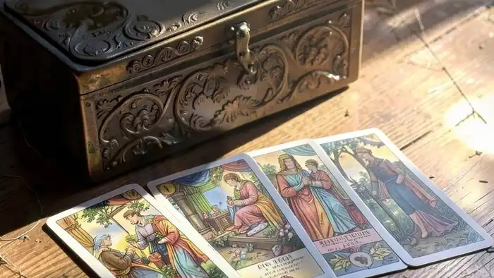 Расклад Таро "сердце" на антиквариат — семь карт, выложенных в форме сердца, рядом с антикварной шкатулкой, символизирующий диалог с прошлым