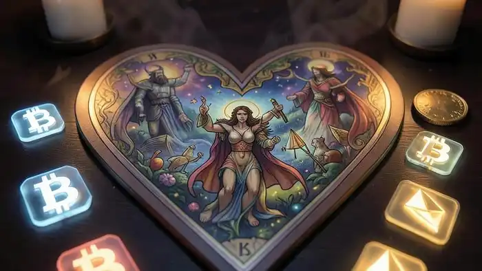 Расклад Таро «сердце» на криптовалюту – карта сердца с символами биткоина и эфириума