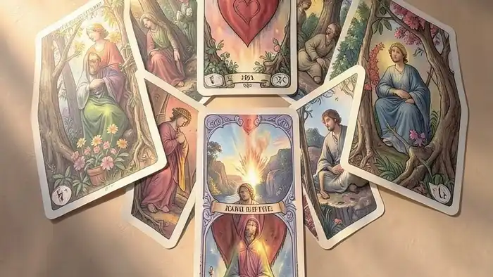 Расклад Таро "сердце" на любовь с семью картами, выложенными в форме сердца, с символами любви, эмоций и внутреннего поиска