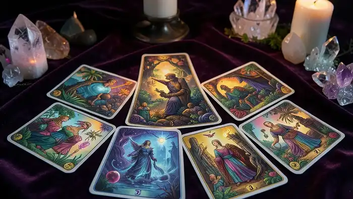 Расклад Таро "сердце" на тайные мысли мужчины: семь карт, выложенных в форме сердца, символизирующие глубинные эмоции