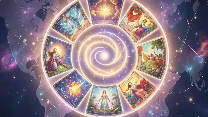 Расклад Таро Спираль на работу за рубежом — мистическая иллюстрация спирали из светящихся карт на фоне карты мира.