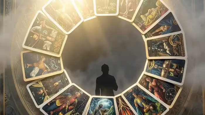 Расклад Таро "спираль" на выбор: схема из 8 позиций с картами, показывающая путь от корня к итогу