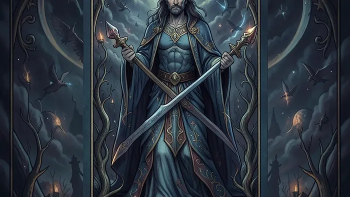 Расклад Таро Стрела на суд - схематичное изображение карты Правосудие и семи позиций в форме летящей стрелы на тёмном фоне