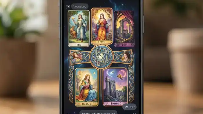 Расклад Таро телеграм бот: экран смартфона с виртуальным раскладом Кельтский крест в интерфейсе мессенджера