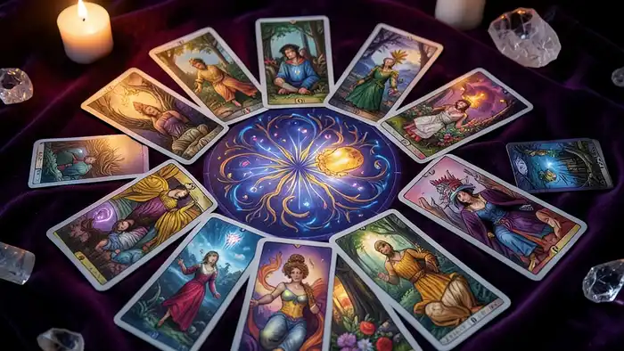 Расклад Таро "треугольник" на суд: позиции Обвинитель, Защитник, Судья с картами Смерть, Император, Суд