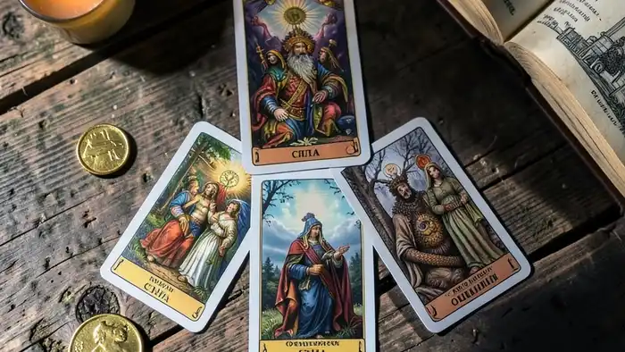 Расклад Таро "треугольник" на золото: три карты — источник, поток, хранилище — на деревянном столе с золотой монетой