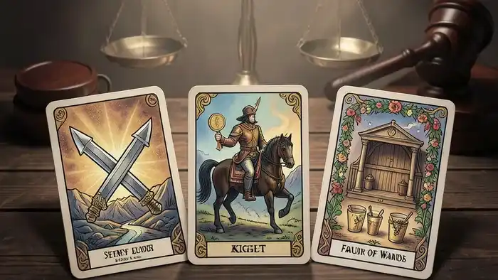 Расклад Таро на три карты для судебного иска о деньгах: схема с картами Семь Мечей, Рыцарь Пентаклей и Четыре Жезлов на столе.