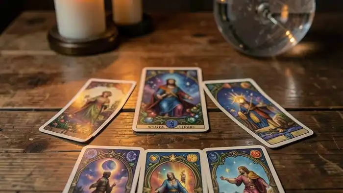 Расклад Таро «цепочка» на будущее с этим человеком, карты на столе
