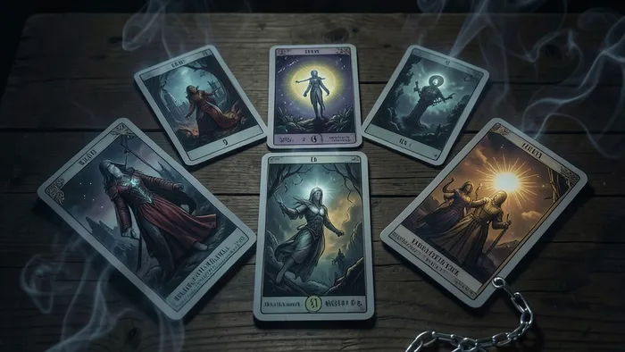 Расклад Таро Цепочка на негативную энергию: пять карт, выложенных цепью на деревянном столе в мистической атмосфере
