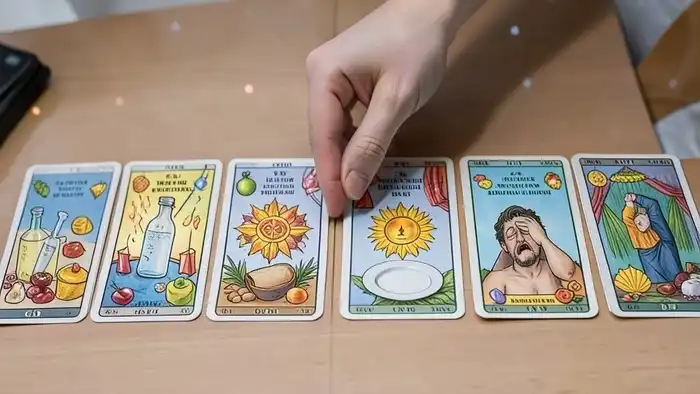 Расклад Таро "цепочка" на сахарный диабет — схема из семи карт с символами эмоциональных и физических причин заболевания