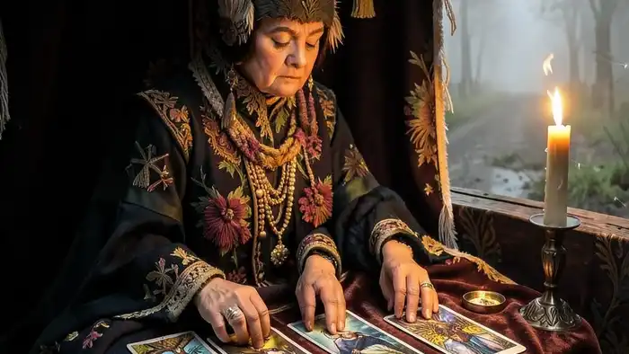 Расклад Таро "цыганский" на путешествие — семь карт на бархате, свеча, дорога в тумане
