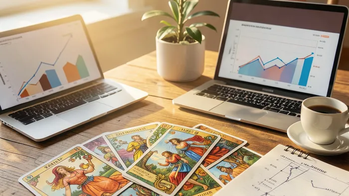Расклад Таро «Цыганский» на расширение бизнеса: схема из 10 карт на столе с бизнес-атрибутами