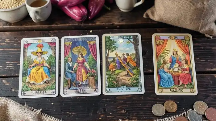 Расклад Таро "цыганский" на рынок — схема из семи карт на деревянной доске рядом с товаром на рынке