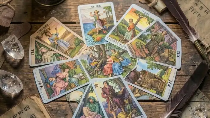 Расклад Таро "цыганский" на тайну: схема семи карт Уэйта-Смита с символами элементов