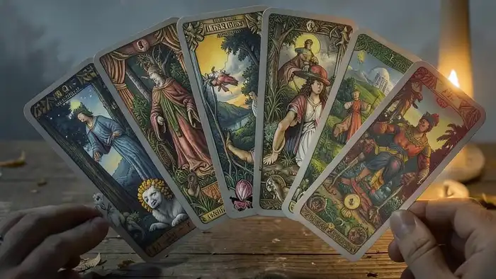 Расклад Таро "веер" кто мой суженый — схема 7 карт в полукруге для определения партнёра