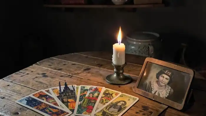 Расклад Таро "веер" на бабушку — семипозиционная схема карт в форме полукруга с символами наследия и памяти