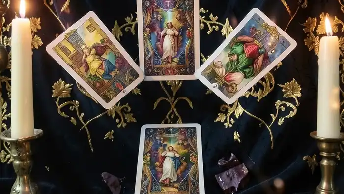 Расклад Таро "веер" на новый брак — схема из семи позиций с картами, символизирующие основу, страхи, динамику и духовный потенциал союза.