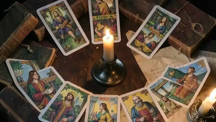 Расклад Таро "веер" на предков: 11 карт в полукруге, свеча и письмо — символ работы с родовой памятью