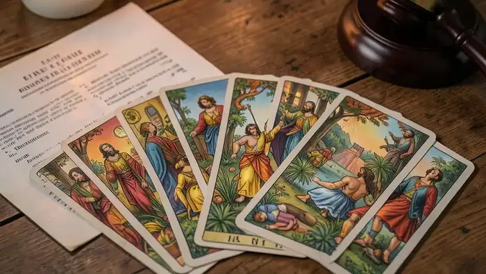 Расклад Таро «веер» на судебное дело – изображение расклада с юридическими атрибутами