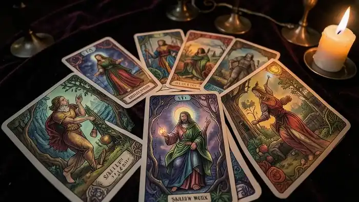 Расклад Таро «веер» на тень — изображение расклада на темном столе