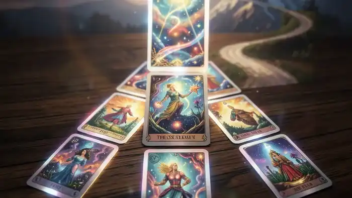 Расклад Таро Ёлочка на мечту - схема расположения карт в форме треугольника на тёмном столе